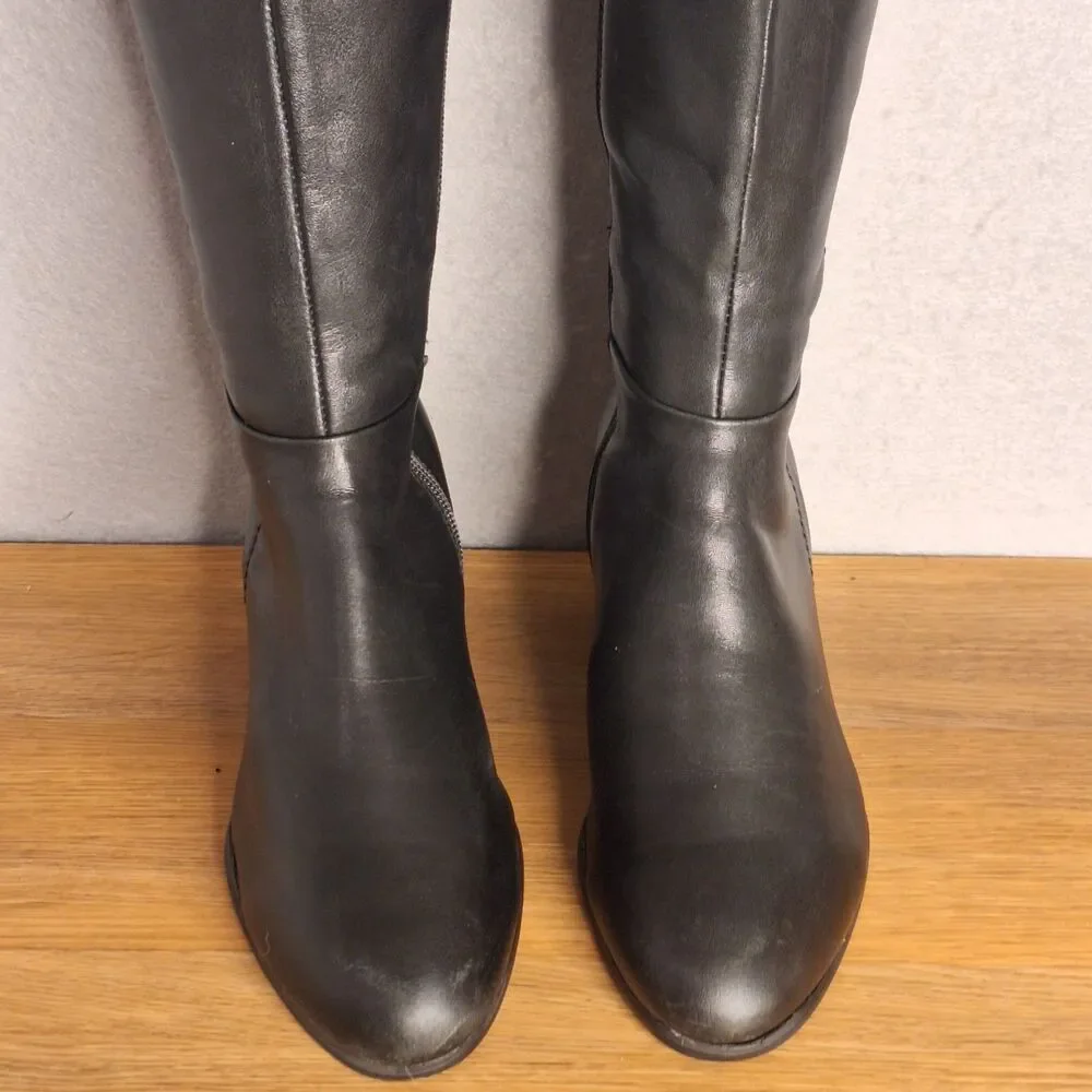 Vionic Tahlia Women’s 7.5 Black Leather Knee High Boots Almond Toe Zip Tall